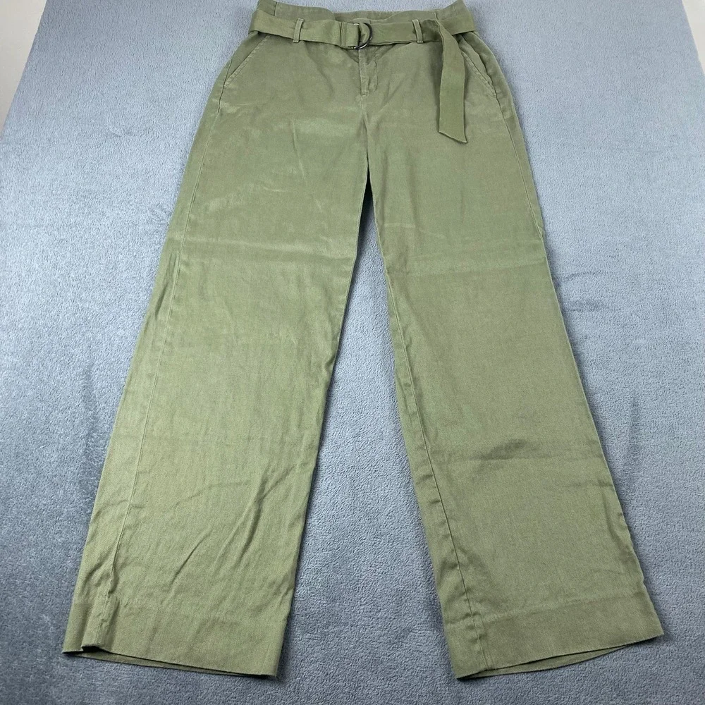 Banana Republic Womens 10L Wide Leg Pants Olive Green Linen Blend Belted Utility
